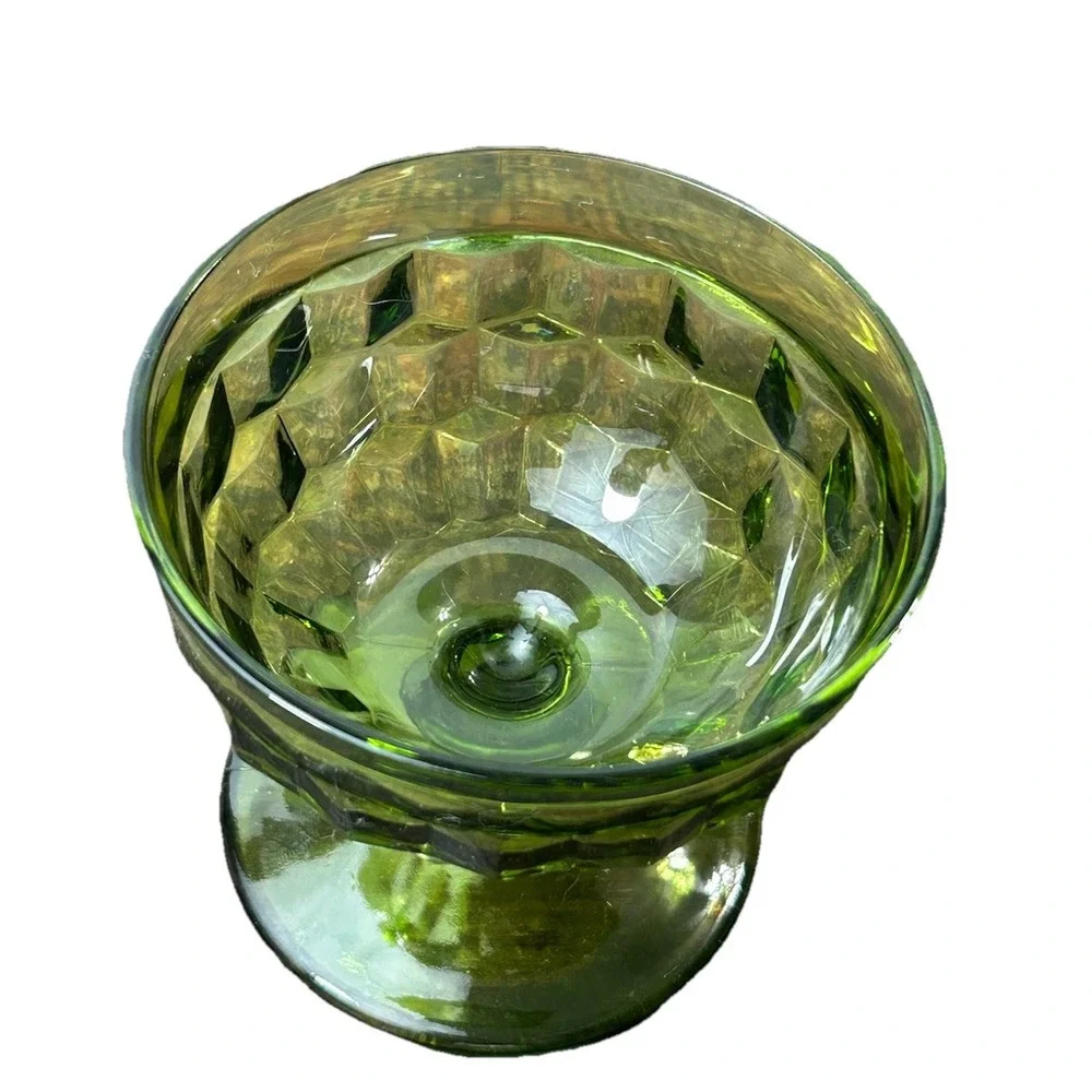 Green Glass Dessert Goblets Footed Cubist Bowls Mid Century VTG Indiana Glass